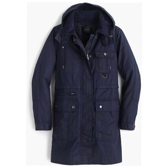 J. Crew Wax Coated Long Hooded Field Military Jacket Navy Blue size XS - Picture 1 of 12
